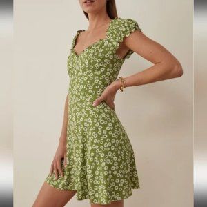 NEW REFORMATION Pacey Green Daisy Printed Ruffle Sleeves Mini Dress Size 12 #863